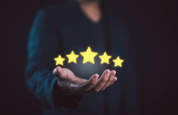 istock Customer evaluation feedback. men in suit Giving Positive Review for Client's Satisfaction Surveys. giving a five star rating. Service rating, satisfaction concept. 2222798738