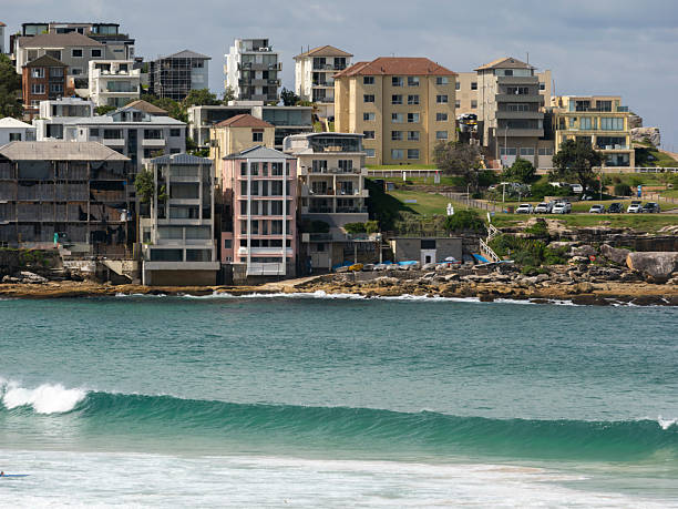 Sydney, Australia: March 26th, 2025. View of Bondi Beach and town centre in Sydney, Australia