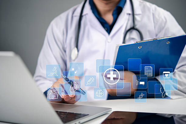 istock Healthcare provider operating digital health interface, secure, efficient, and modern approach to health information management. medical app, healthcare system, secure data, and doctor office. 2222815996