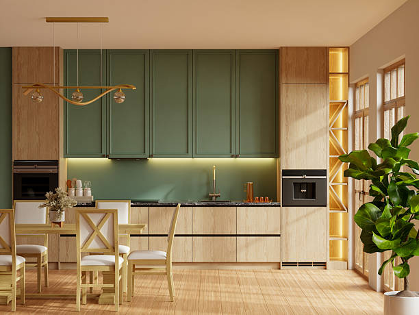 istock Contemporary kitchen interior featuring green upper cabinets, light wooden lower cabinets, built-in appliances, and a cozy dining area- 3D rendering 2222818770