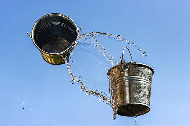 istock A falling buckets splashes water, on a background of blue sky. 2222823103