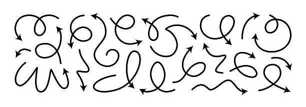 Arrow vector line set. Curved shape doodle brush element arow. Squiggly scribble direction up down abstract pointer. Change plan abstract stroke graphic sign. Curly circle looped spiral swirl map path