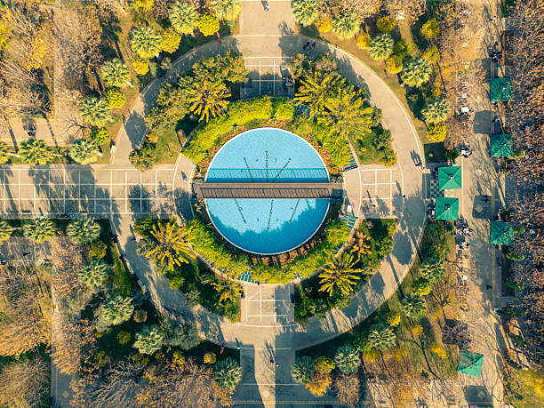 Top-down view of a circular fountain with surrounding park pathways