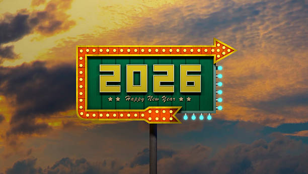 istock New Year 2026 Creative Design Concept with sign board and lights 2222832716