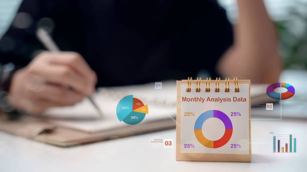 Monthly business analysis data with colorful charts on a desktop calendar. Concept for data visualization, financial planning, productivity tracking, and strategic decision making.