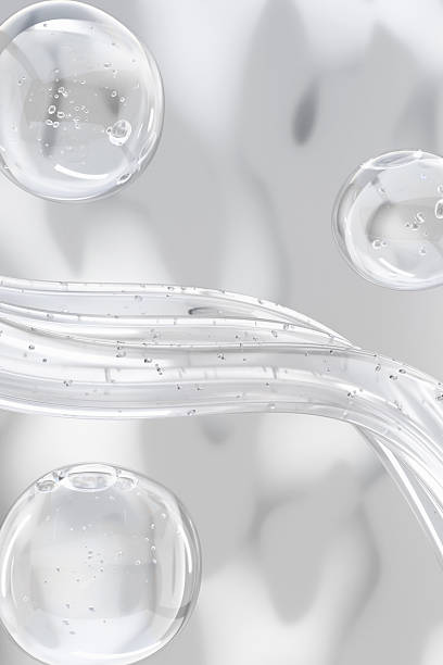 Abstract 3d splash of liquid, water drops, molecules with bubbles on gray background. Concept of cosmetics, science, and medicine. Pattern, template for products, designs, place for text.