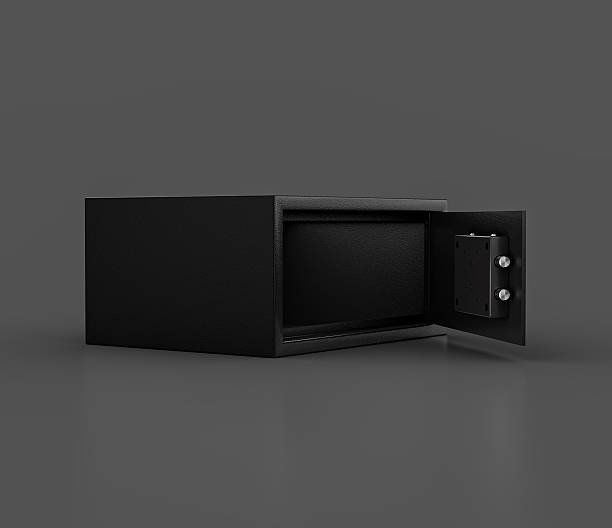 istock Black Mild Steel Open Safe Locker For Secure Storage Isolated On Gray Background 3D Illustration 2222839521