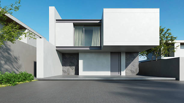 istock Modern house, Minimal architecture with empty wall and concrete garage driveway, 3d rendering of luxury property building 2222839594