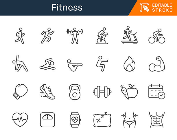 Fitness thin line icon collection for workout, exercise and healthy lifestyle concept. Editable stroke. Pixel perfect.