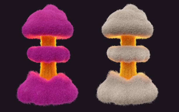 Nuclear explosion bomb with fire and smoke in cute toy style. 3d render felt or fur element in white and pink color. Apocalypse or military concept design isolated on black background.