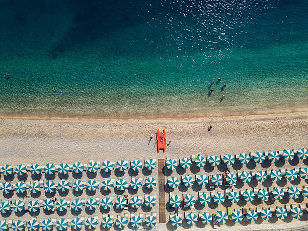 istock Italian coastline with beach umbrella rows 2222851963