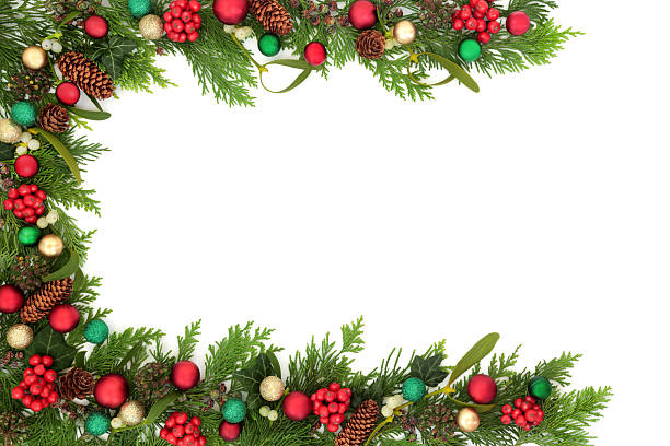 istock Christmas Bulb Decorations and Winter Flora Background Border 2222853141