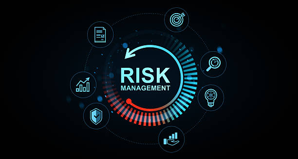istock Risk management concept with futuristic infographic interface and strategy icons on dark digital background representing business analytics and protection. 3D Rendering 2222855930