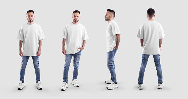 istock Mockup of white oversized t-shirt on bearded guy in blue jeans, full height, front, back, side view, isolated on background. Set. 2222861287