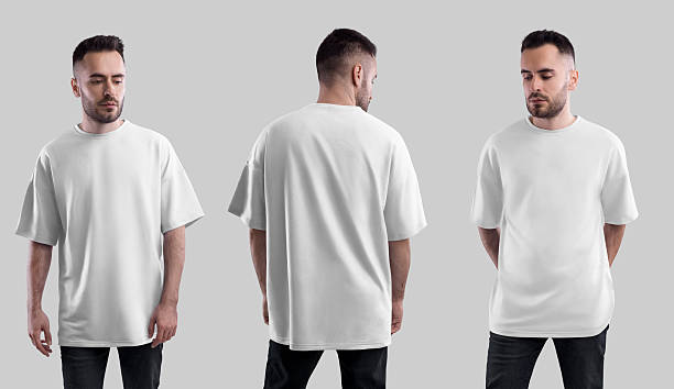 istock Mockup of white oversized t-shirt on bearded guy in black jeans, front view, back view, isolated on background. Set. 2222861436
