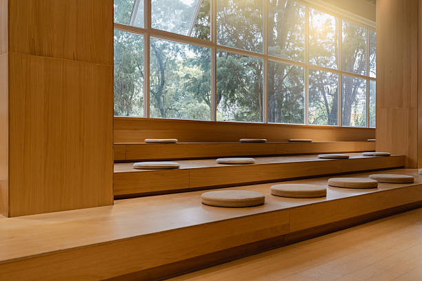 Public library with wooden tables and chairs