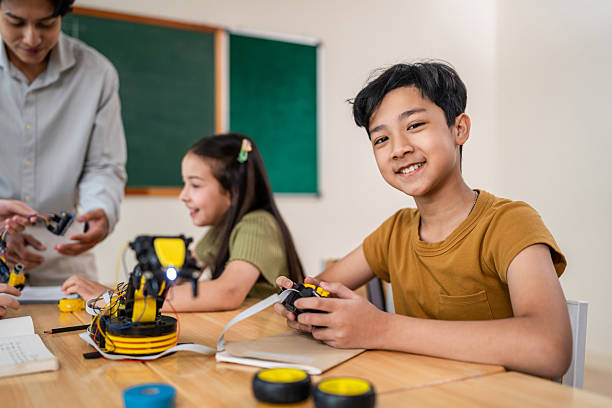istock Portrait of Asian students learning in classroom at elementary school. Adorable young schoolchildren look at camera while study science lesson, doing chemistry experiment with fun activity at college. 2222867031