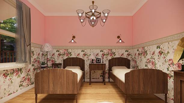 3d render of large hotel suite bedroom vintage style .