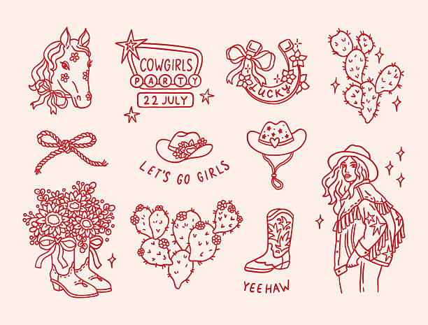 Cowboy set of horseshoe, horse, sunflowers, boots, hats, sign, rope bow, cacti, girl, coquette bow ribbon, heart, hand drawn phrases
