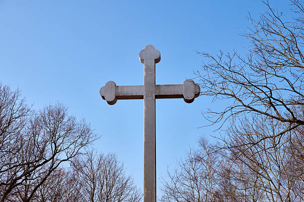 Majestic stone cross rises against clear sky, framed by bare tree branches. Captured from low angle, highlighting cross imposing presence in serene environment