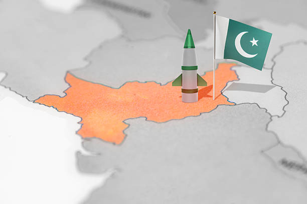 Pakistan flag with nuclear missiles on the world map