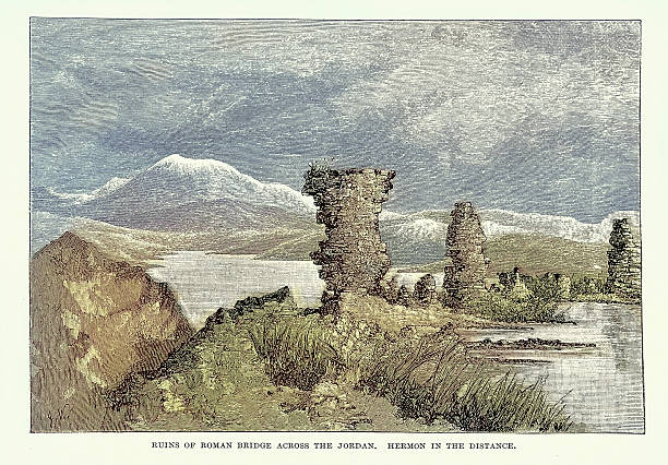Ruins of Roman Bridge across the River Jordan, Vintage illustration 19th Century