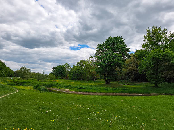 Stromovka park in prague, czech republic features a picturesque landscape of vibrant green grass, leafy trees, and a winding stream beneath a dynamic cloudy sky