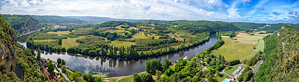An aerial drone view of a tiny Nova Scotian town on the banks of a tidal river.