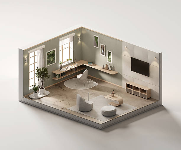 istock Isometric view living room minimal cozy style open inside interior architecture 3d rendering 2222884003