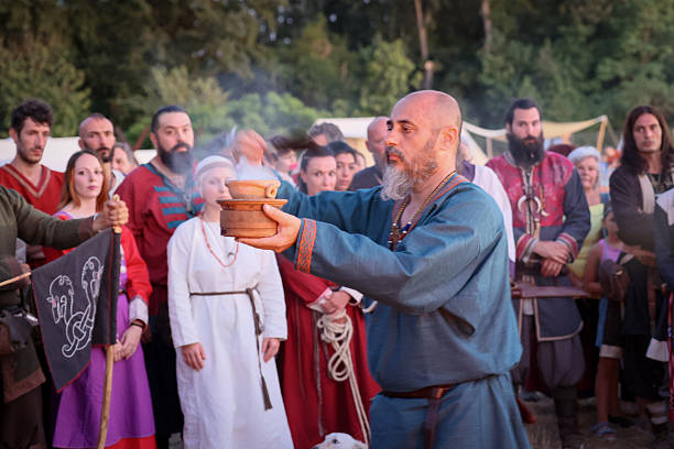 Ladispoli (RM), Italy - June 28, 2025: The Drakkar Viking Fest is a historical Viking reenactment. The wedding of two young spouses celebrated according to ancient rituals of Norse culture. Historical reenactment.