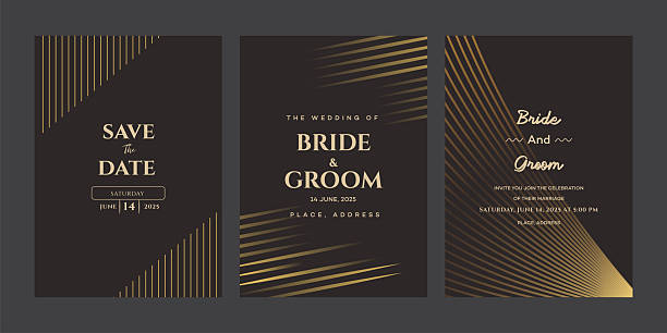 Threepart wedding invitation suite with dark background, gold lines, minimalist design. Includes Save The Date, wedding details, and invite cards.