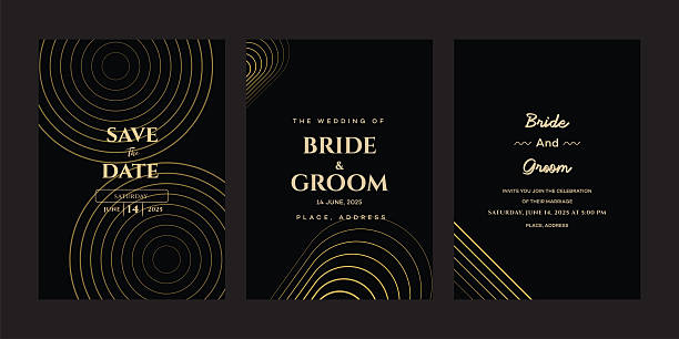 Black and gold wedding invitation suite. Save the date, bride groom cards feature geometric patterns and elegant typography. June 14th, 2025.