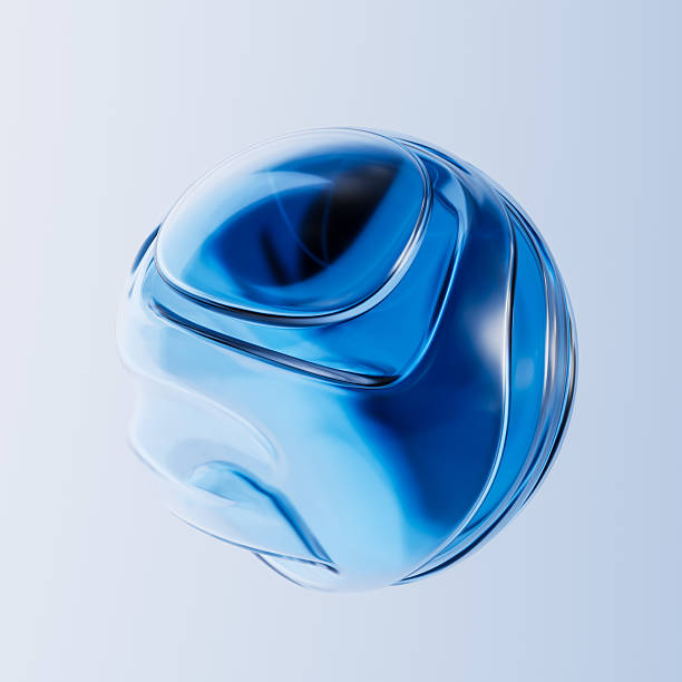 Abstract fluid, futuristic, organic form poster design element. Blue gradient glass orb with flowing wavy indentations, 3D rendering.