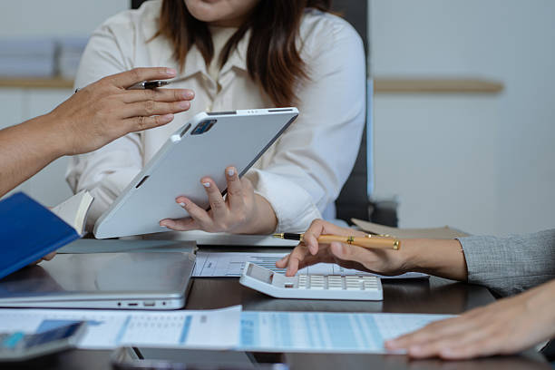 istock Business meeting account managers crew working search page on computer with new startup project. Idea presentation, analyze plans. 2222895306