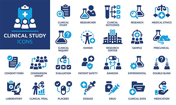 illustrazioni stock, clip art, cartoni animati e icone di tendenza di set di icone dello studio clinico. - ricerca
