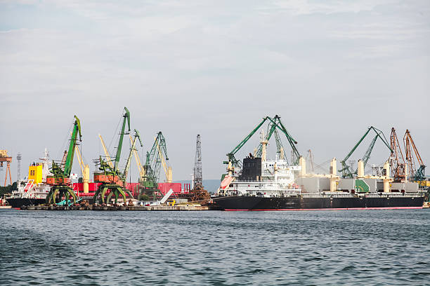 istock Cargo ships docked at an industrial port, surrounded by numerous cranes 2222898596