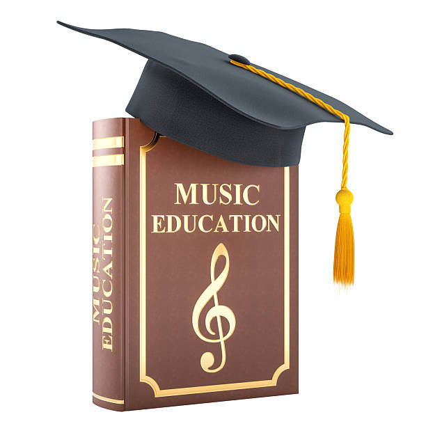 Music education concept. Book with treble clef and graduation cap. 3D rendering