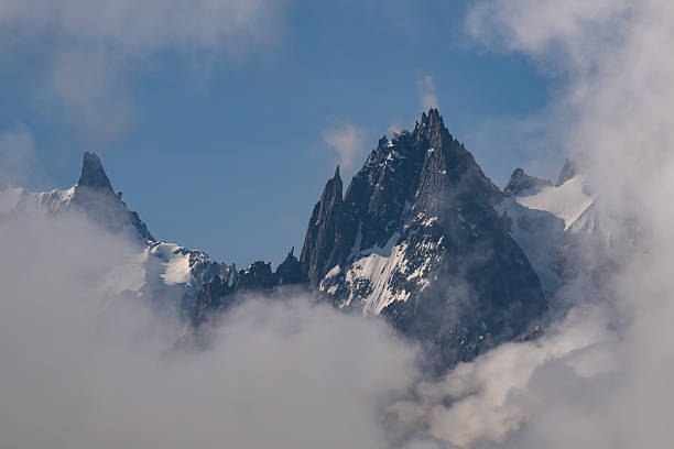 Chamonix Montblanc alpine mountain summits landscape. Alps mountains with snow and glacier above valley of Chamonix in France. Alps beautiful high peaks scenery in summer