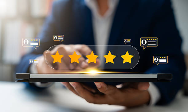 istock Consumer use tablet to complete online customer satisfaction survey, rating 5 stars for excellent service and product quality. Positive feedback help increase brand business reputation. 2222907984