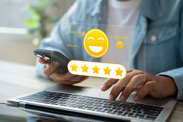 istock Experience excellent customer service, User give five star rating on online application, Positive feedback, Happy, Smiley face icon. Customer Reviews in Digital Survey, Satisfaction. 2222908556