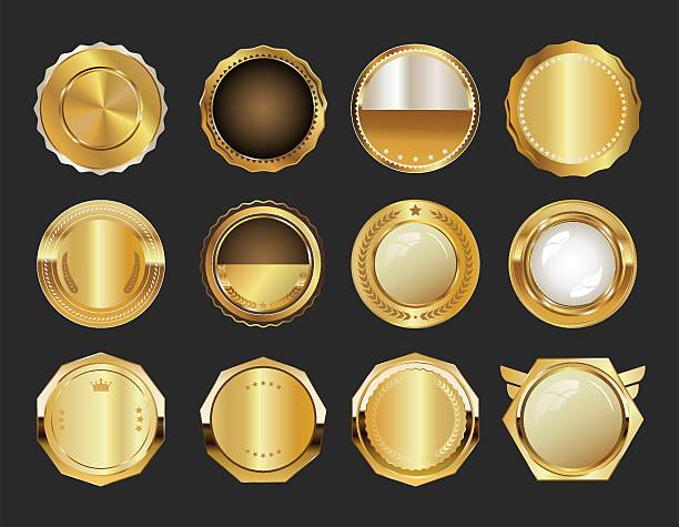istock Gold Round Badge Set on Black Background Premium Vector Labels for Awards and Certificates 2222909989