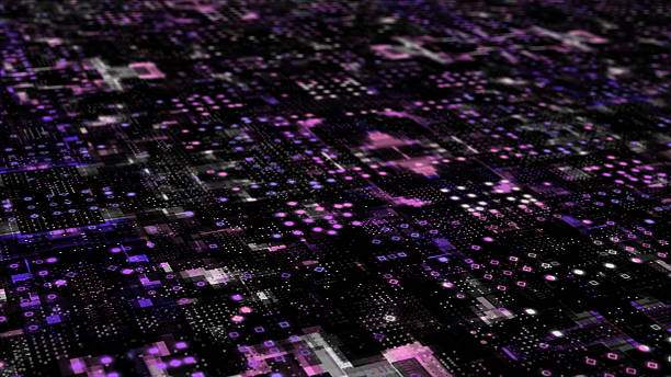 istock Abstract appearing and disappearing hi-tech 3d technology cyberspace on black background, sci-fi cyber background 2222912283