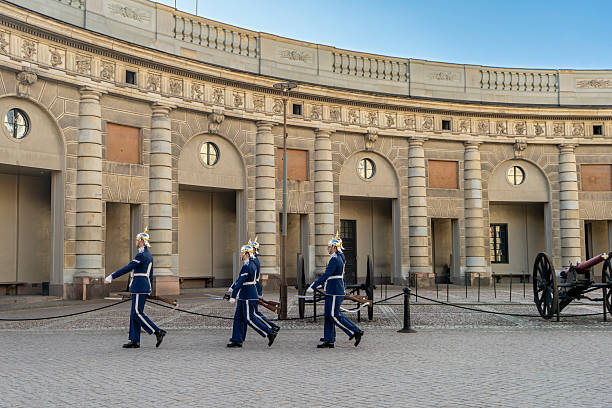 Stockholm, Sweden -  May 30 2025: Royal guard marching during ceremony at Stockholm palace