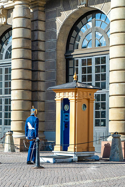 Stockholm, Sweden -  May 30 2025:  Royal guard and sentry box at Stockholm palace