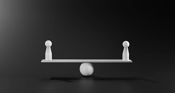Equality, fairness, a harmonious equilibrium of power or influence in business, relationships, legal matters, personal growth, emphasizing strategic balance, Two white dolls balanced on a seesaw.