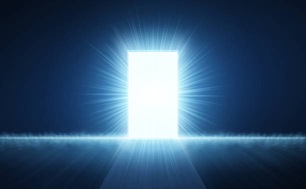 istock Open door with abstract light on blue background. Digital gateway, virtual doorway. 2222918550