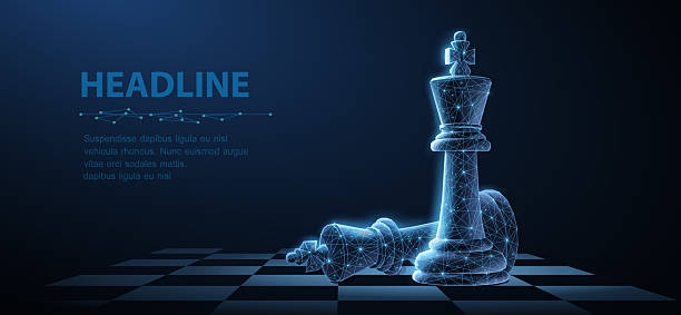 Chess kings on blue. Win in game, AI in chess, chess strategy, digital manager, business competition, innovation challenge, AI assistant, political checkmate, technological success concept.