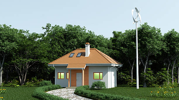 Wind generator near the house, 3D illustration.