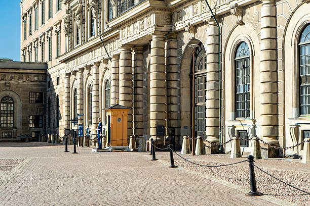 Stockholm, Sweden -  May 30 2025: Iconic sentry post with royal guard at Stockholm's palace