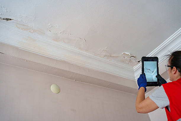 istock Worker fix leaking pipe in ceiling ,close-up of a stain on the ceiling 2222923559